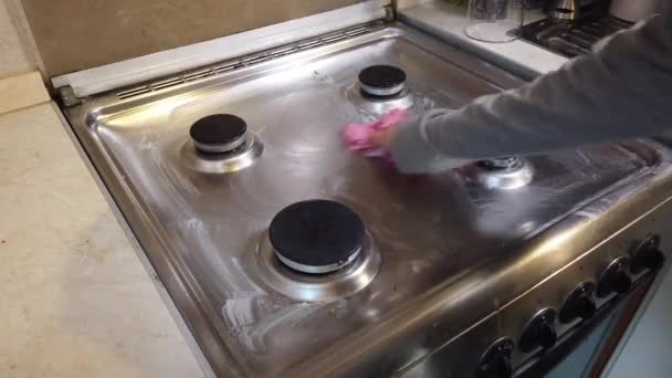 Cleaning Stove Home Kitchen Housekeeping Concept Hand Sponge Washing Stove — Stock Video