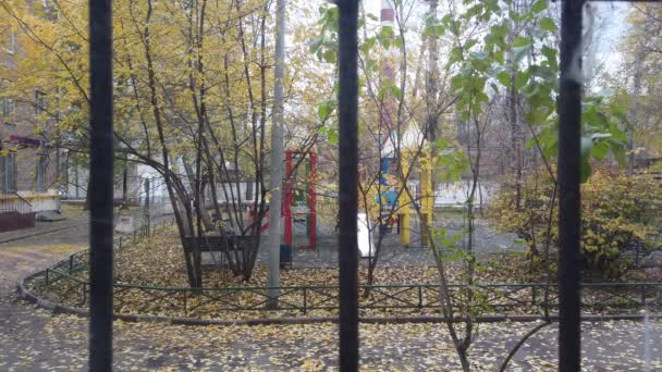 Widok z okna domu z kratami spadającymi na żółte liście jesiennych drzew w parku. — Wideo stockowe