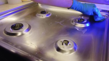 Mavi eldivenli bir adam mutfakta gaz sobasını parlatıyor.