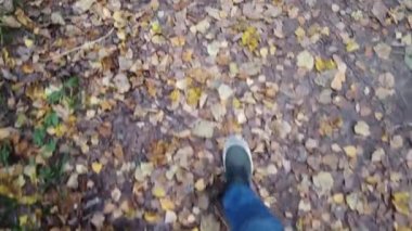 Spor ayakkabılı erkek ayakları yere doğru ilerliyor. Düşen sarı yapraklarla kaplı. Sonbahar başlangıcı konsepti, yakın plan, parkta ilerlemek..
