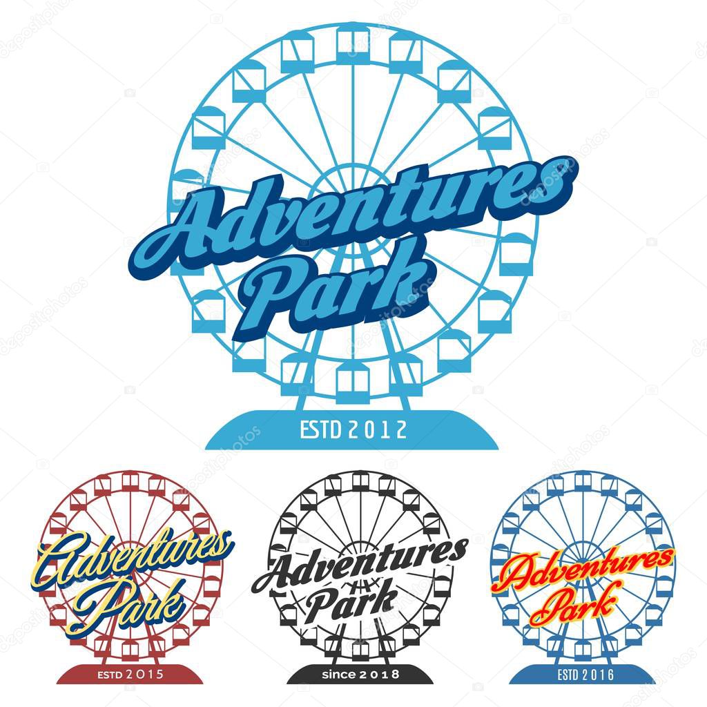Adventure park emblem. Carnival fun park logo with ferris wheel, vector illustration