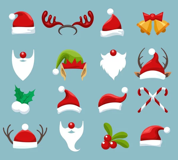 圣诞饰品 圣诞老人和精灵的脸穿着 驯鹿和雪人的衣服冬季滑稽的照片 矢量插图 — 图库矢量图片