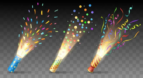 Party poppers on transparent backdrop — Stock Vector