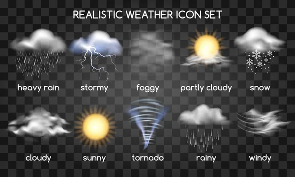 Icone meteo realistiche su trasparente — Vettoriale Stock