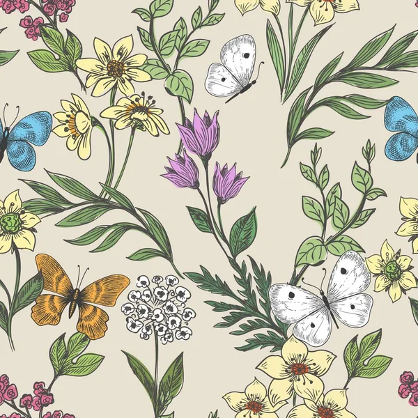 Фон з лісових квітів та метеликів — стоковий вектор
