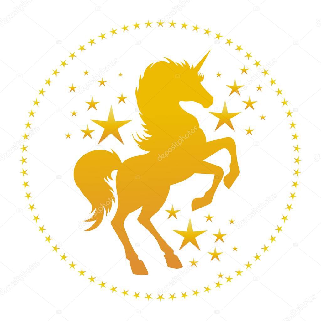 Unicorn silhouette with stars. Vector gold unicorn silhouette, mysterious fantasy fairy tale unicorns horse isolated on white
