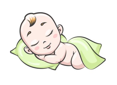 Bebek uyuyor. Melek vektör çizim, şirin mutlu yürümeye başlayan çocuk beyaz arka plan üzerinde izole gibi yeni doğan bebek uyku