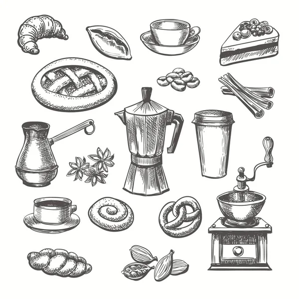 Vintage desserts and coffee sketch — Stockvector