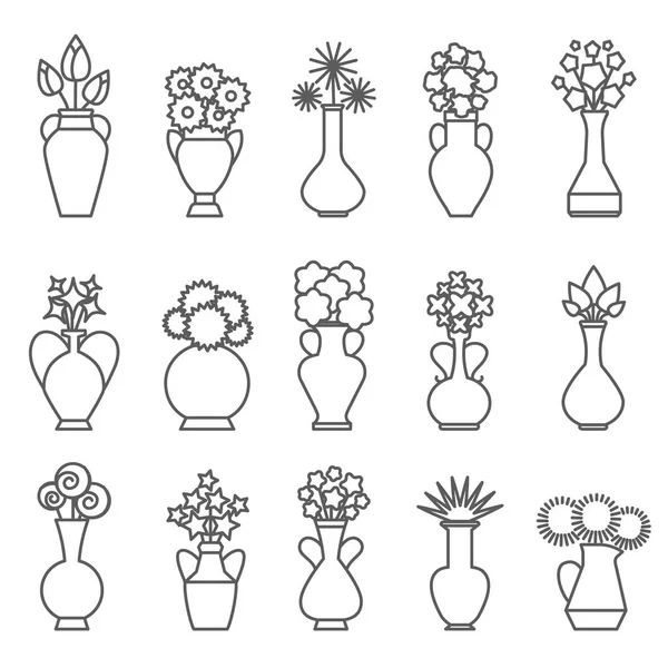 Vasi con icone della linea di fiori — Vettoriale Stock