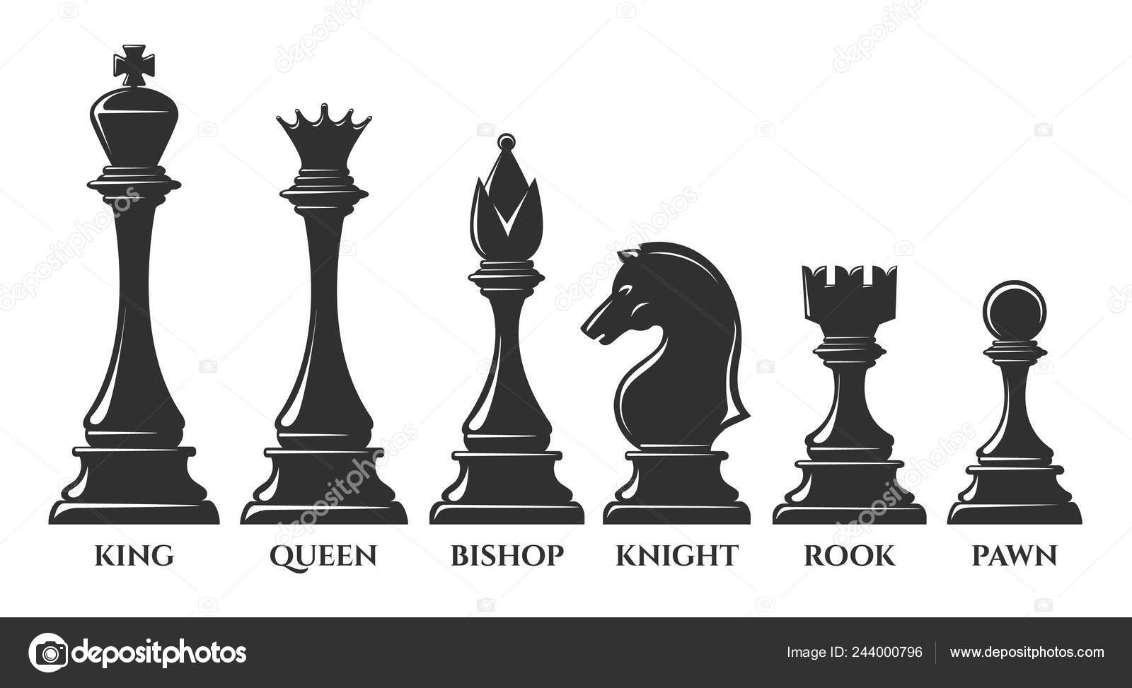 Silhuetas de peças de xadrez padrão e ilustração vetorial de tabuleiro de  xadrez