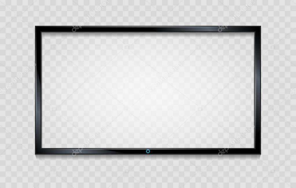 Lcd screen frame. Blank tv frame with reflective screen isolated on transparent, vector empty glass monitor with reflection