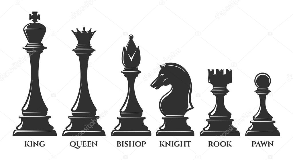 Chess pieces. Vector chess piece, knight and pawn, bishop and queen, success strategy elements isolated on white background, vector illustration