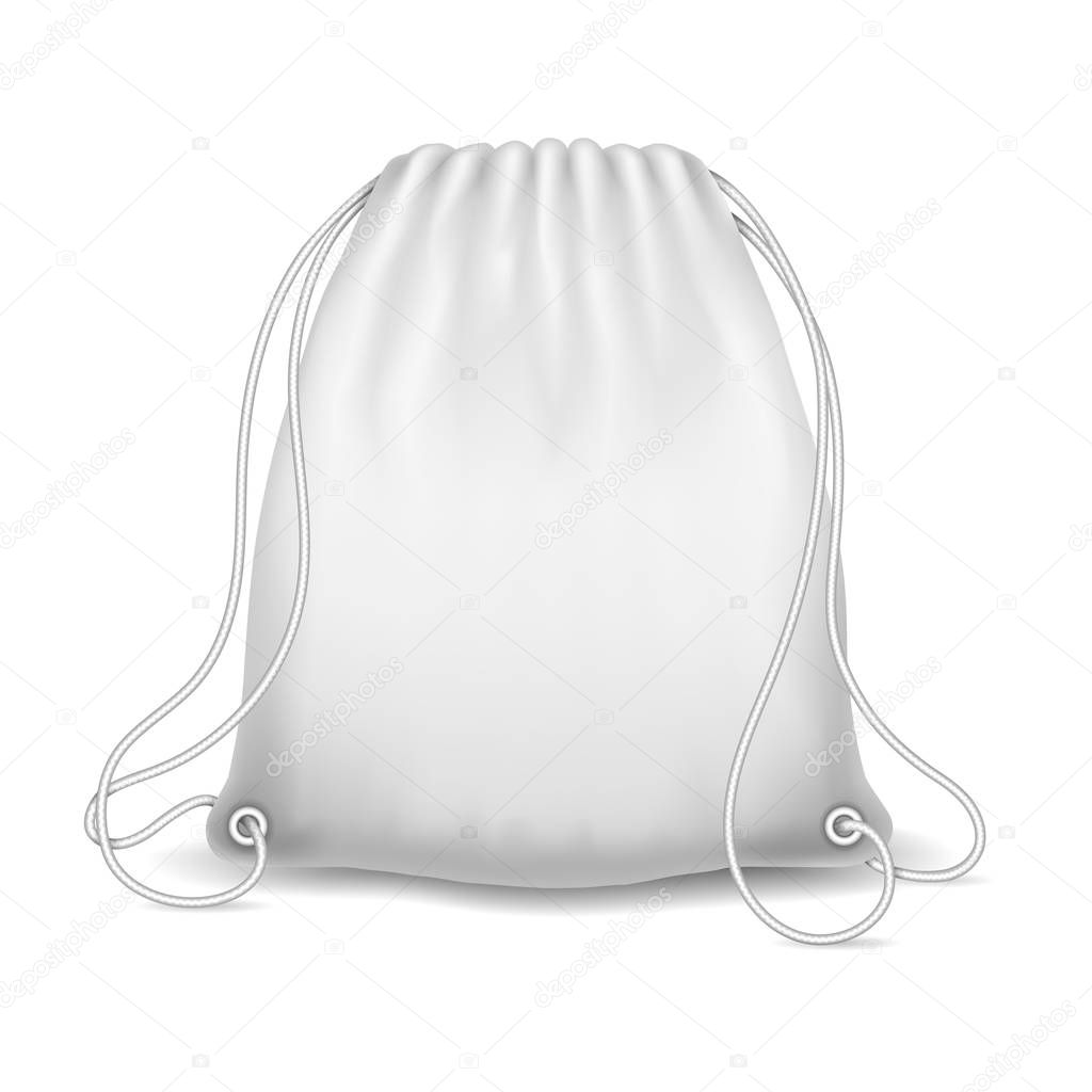 White sport bag. Travel or sports bag pack, cloth shoulder suitcase or drawstring knapsack, fabric rucksack or haversack for shoes, vector illustration