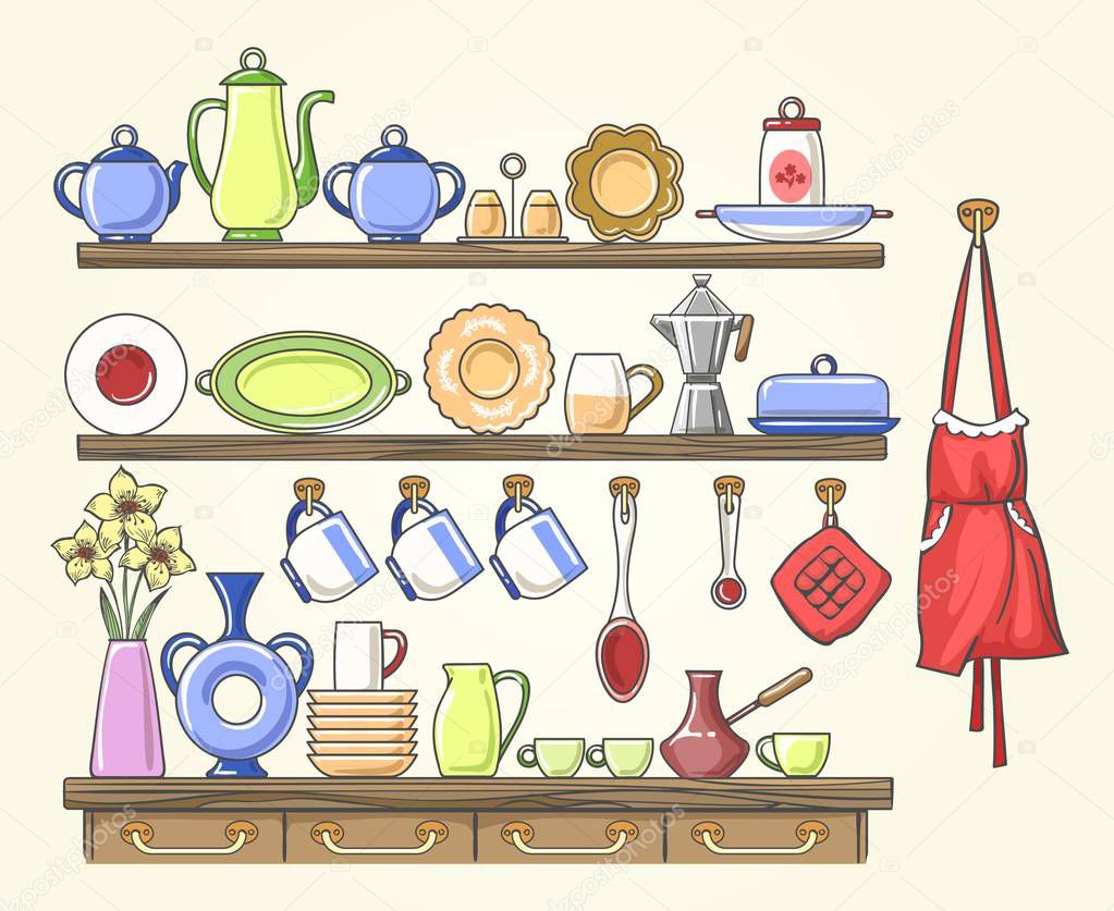 Cooking shelf with vintage dishes