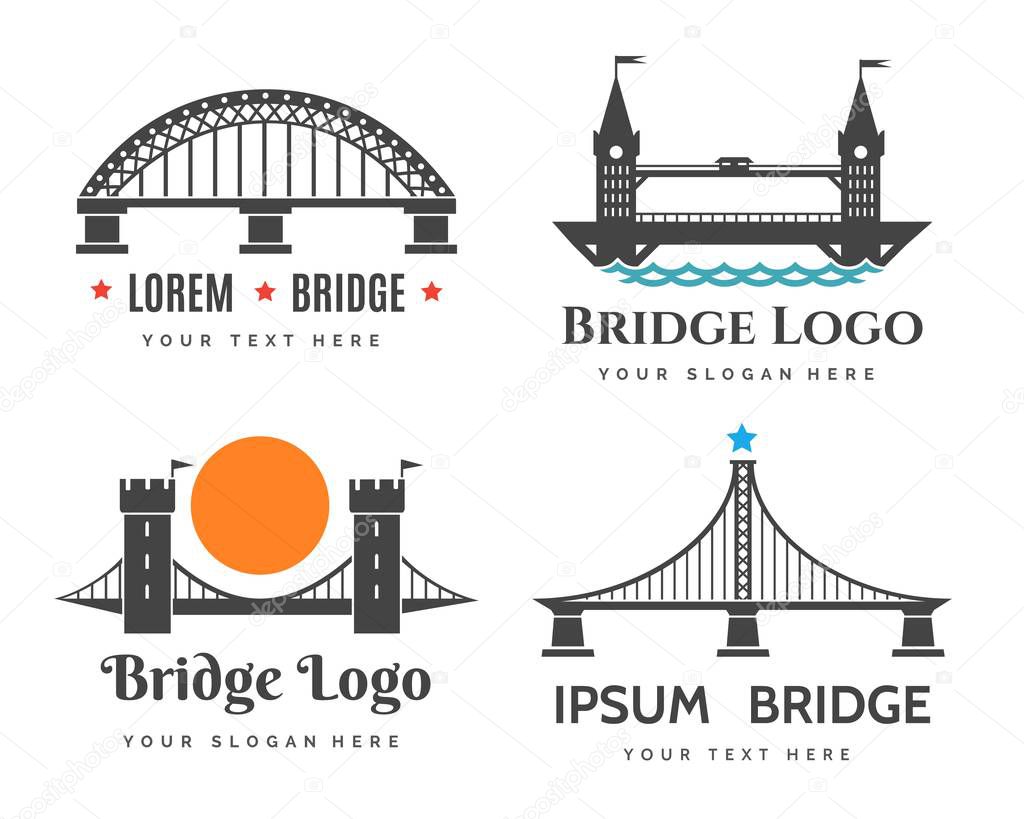 Bridges logo. Abstract bridge logos symbols for city tourism and road construction company, curved vector graphics