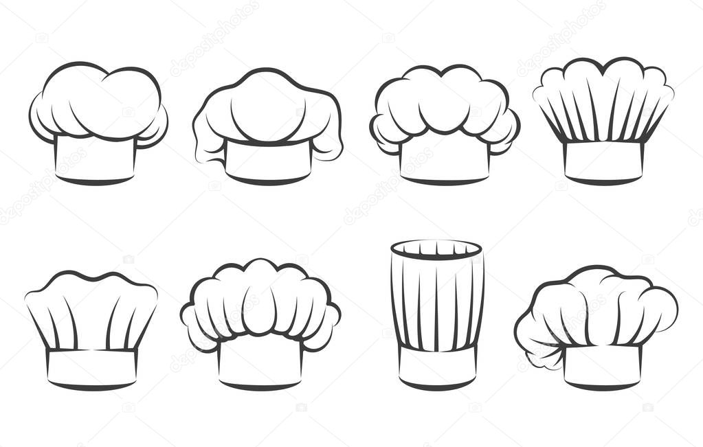 Cook chef hats icons. Hand drawn chefs toque vector illustration, kitchen cooker caps isolated on white background