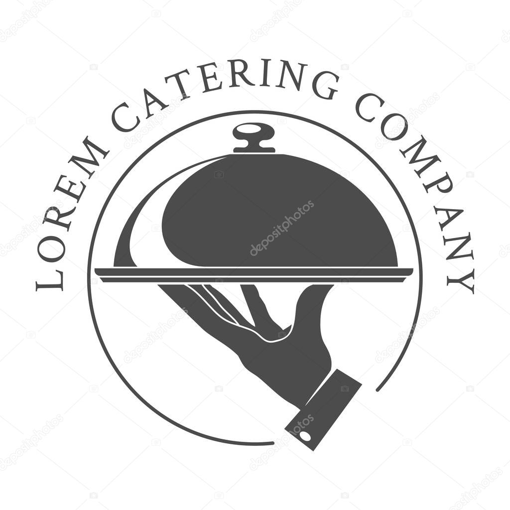Catering emblem. Cater company vector logo, catered restaurant logotype for hot outdoor food service with waiter hand and dish on white