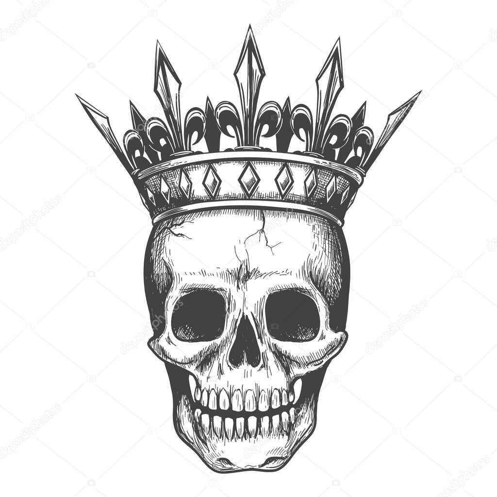 Skull in crown sketch. Demon king tattoo illustration, death head with crown vector illustrated, hand drawn black doom engraving image