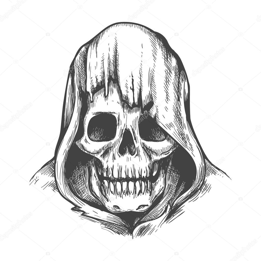 Hood skull. Dead head in cowl, evil skeleton face hand drawn vector illustration, hooded demon tattoo or dark criminal man