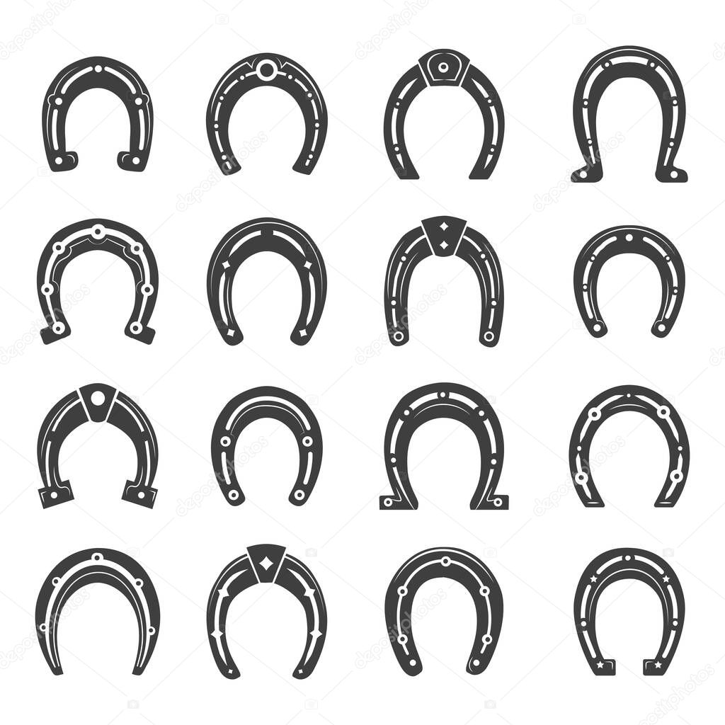 Horseshoes set. Traditional blacksmith western pictures, lucky symbol design, black steel horseshoe icons collection, old drawing isolated on white background