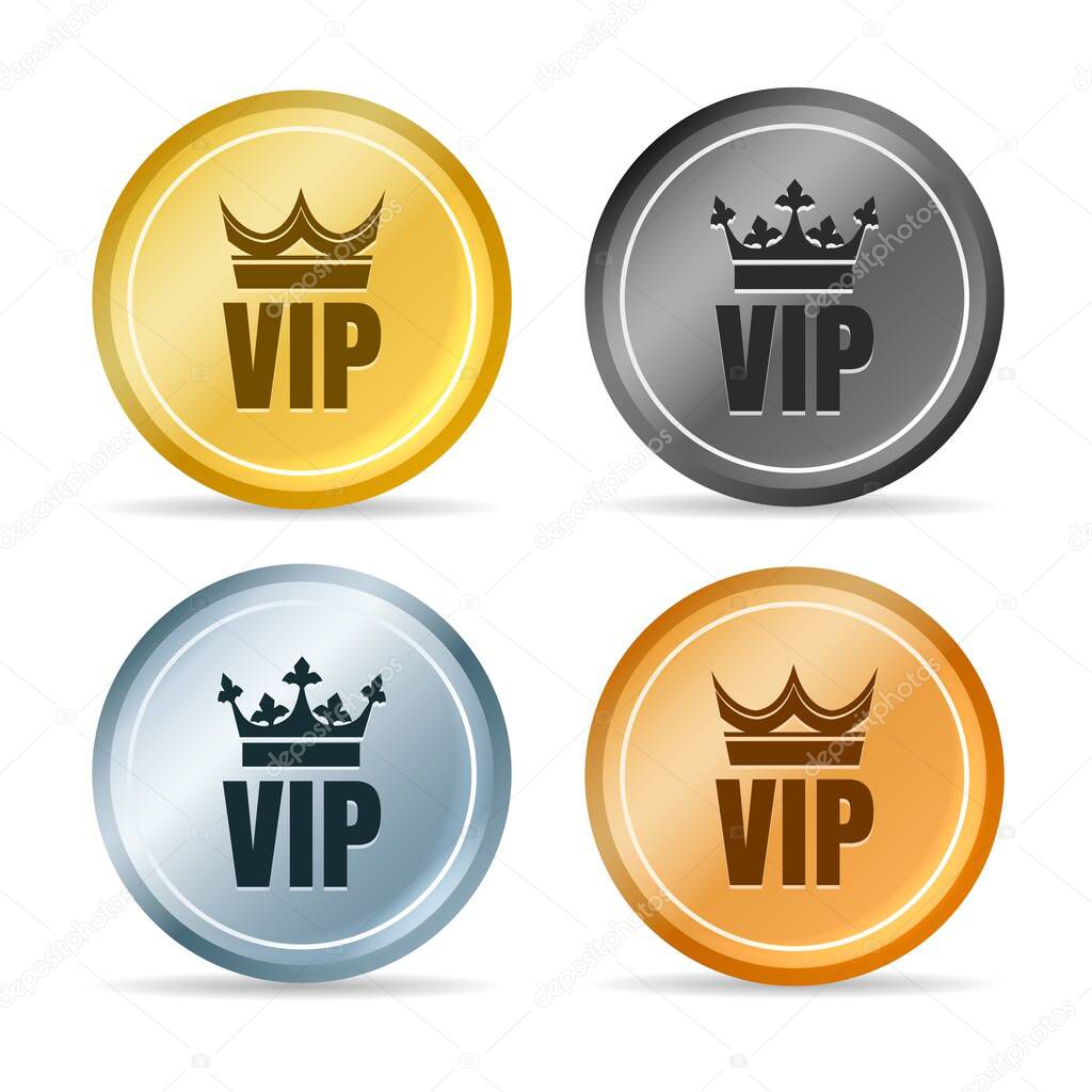 Vip member emblems. Golden and silver circle tags with crown, vector illustration of exclusive club icon sticker set isolated on white background