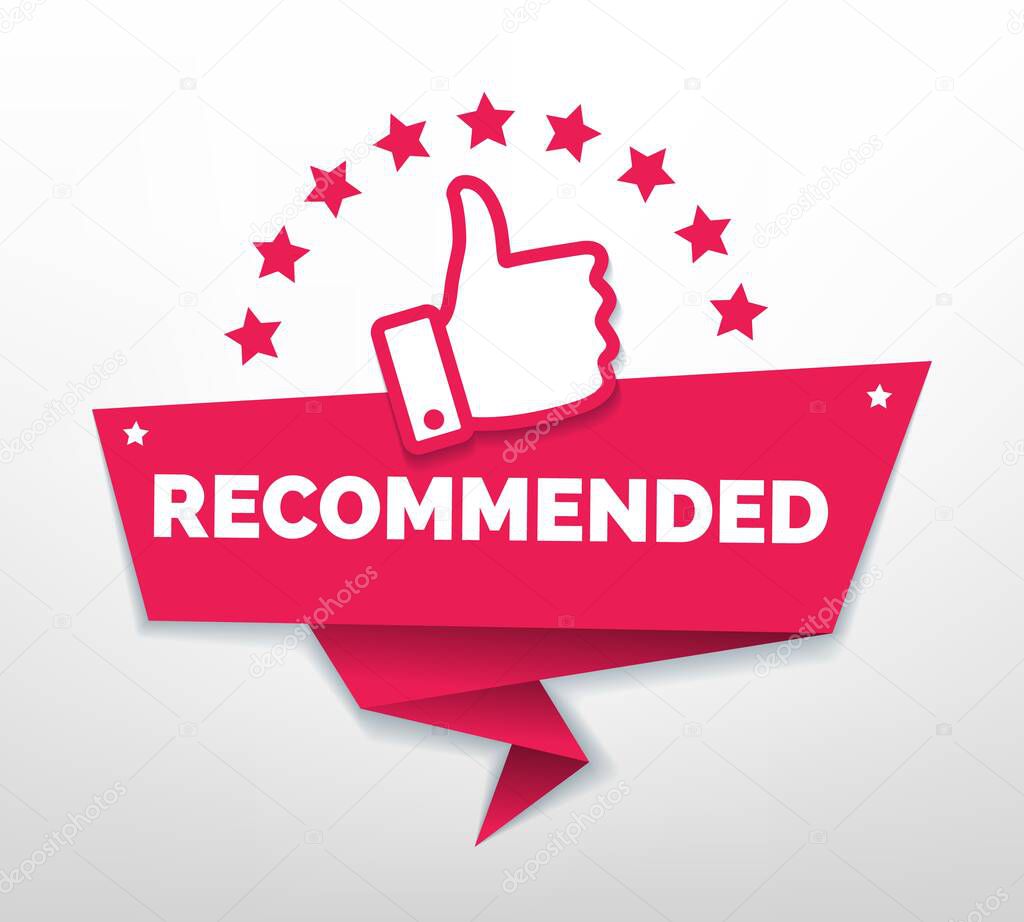 Recommended with thumb up. Stylish symbol quality for great deals, best banner of premium service, vector illustration marketing logo for brand isolated on white background