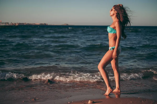 Meisje Permanent Het Winderige Strand Zonsondergang Terwijl Haar — Stockfoto
