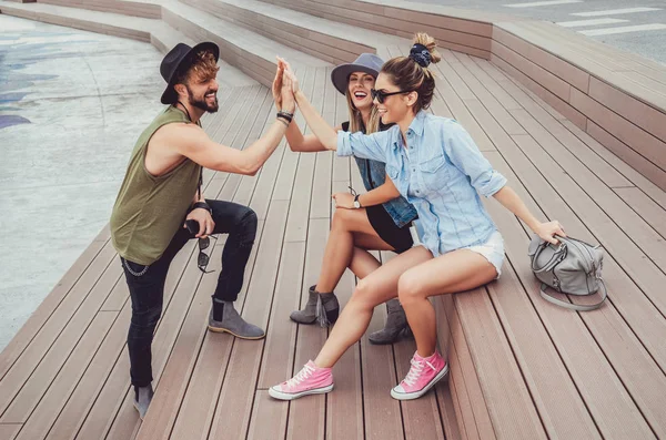 Happy Friends Celebrating Putting Hands Together Stairs — Stock Photo, Image