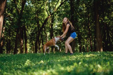 Bir yaz günü parkta köpeğini sopayla çekerek kız