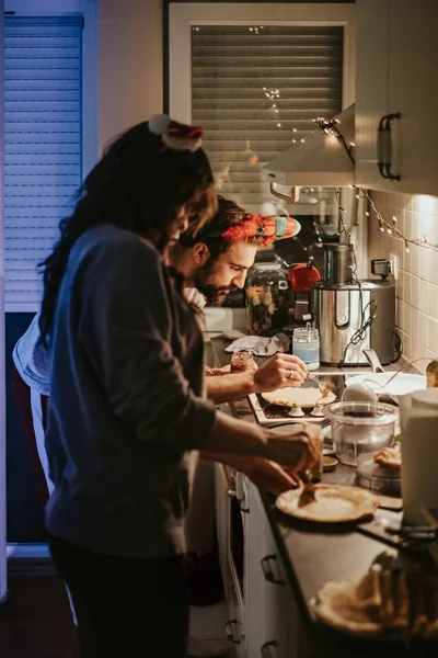 Serious Man Wife Him Spreading Cream Pancake Kitchen New Years — Stock Photo, Image