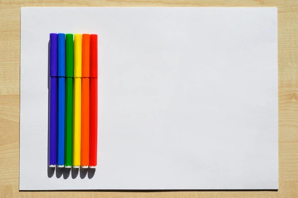 White Sheet Paper Wooden Table Felt Pens Rainbow Colors Lgbt — Stock Photo, Image