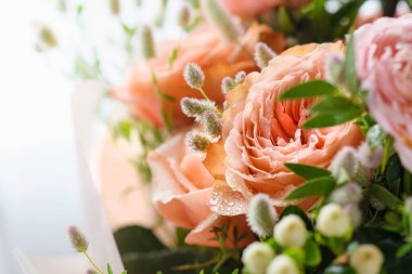 Bir buket açık turuncu gül. Gül yapraklarının üzerine su damlaları