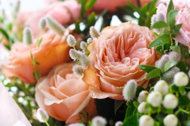 Beyaz böğürtlenli bir buket sprey gül. Gül yapraklarının üzerine su damlaları