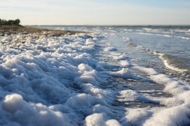 Tuz gölünün kıyısında çok fazla köpük var. Kırım 'da iyileştirici çamurla dolu bir tuz gölünün kıyısı..