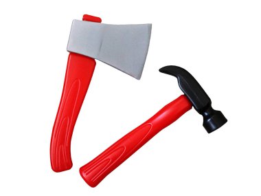 Plastic axe and hammer, children's toys isolated background clipart