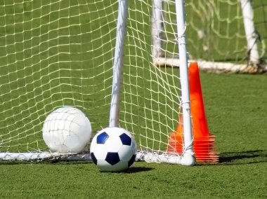 Futbol gol ve topları üzerinde yeşil bir alana, spor