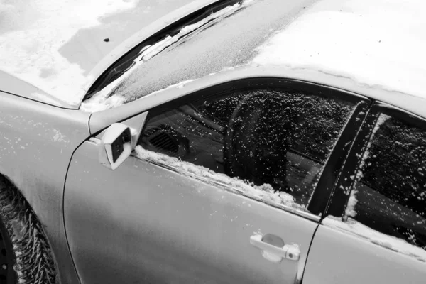 Szürke Autó Hóban Télen Részletek Ablak Olyan Közel — Stock Fotó