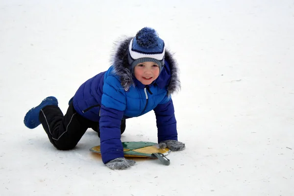 Baby Boy Warm Blue Hat Walking Winter Outdoor Stock Photo