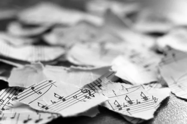Notas musicais rasgadas, pedaços de papel — Fotografia de Stock