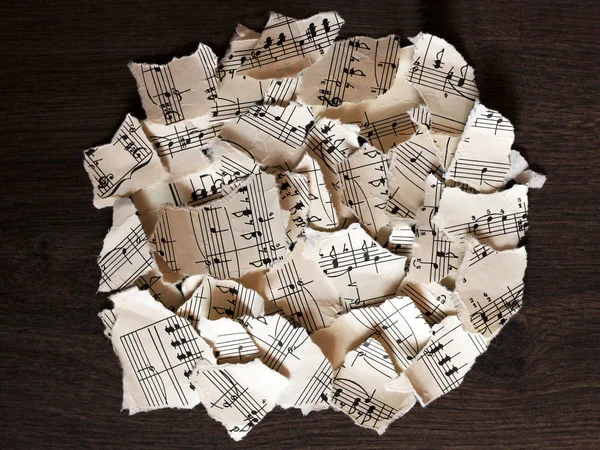 Notas musicais rasgadas, pedaços de papel — Fotografia de Stock