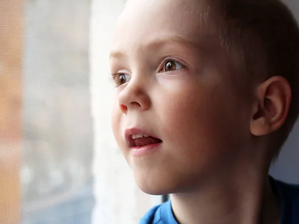 Retrato de un niño alegre mirando por la ventana — Foto de Stock