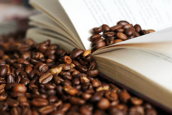 Old open book and coffee beans — Stock Photo, Image