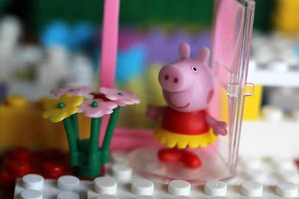 26 de setembro de 2019. Izhevsk, Rússia. Porco de brinquedo plástico com um buquê de flores . — Fotografia de Stock