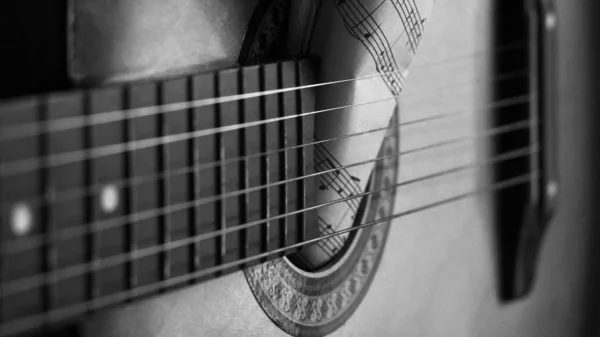 Gitarrsträngar och rivna papperslappar, musik, svart och vitt — Stockfoto