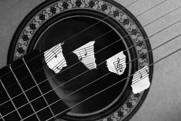 Guitar strings and torn paper notes, black and white — Stock Photo, Image