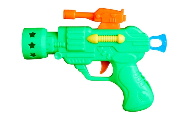 Zielona Plastikowa Zabawka Pistoletowa Izolowana Białym Tle Obiekt Kolorowy — Zdjęcie stockowe