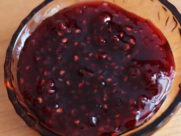 Bovenaanzicht Van Fruitige Jam Frambozenjam Dichtbij — Stockfoto