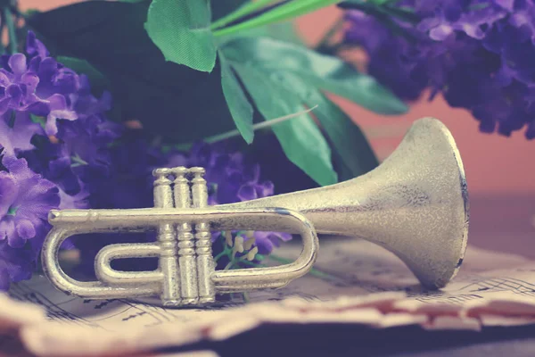 Trompette Sur Notes Musicales Fleurs Violettes Proches — Photo