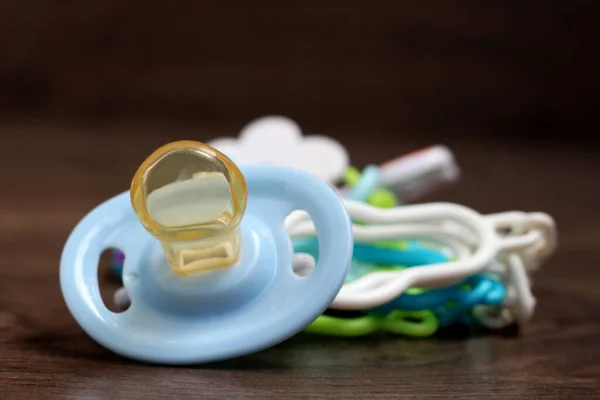 Blue Orthodontic Pacifier Purple Cloth Close — Stock Photo, Image