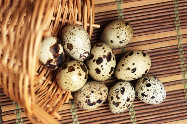 Bıldırcın yumurtası ve sepet, üst manzara..